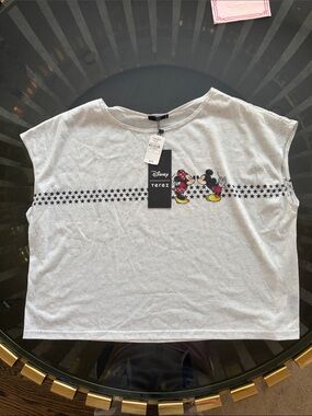 Disney White Muscle Tee with Mickey & Minnie and Black Star Stripe